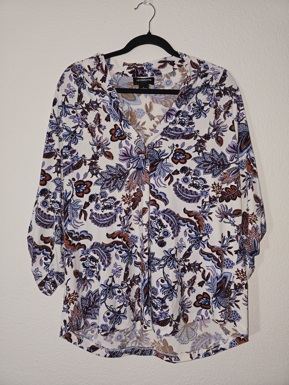 Liz Claiborne White Blouse with Blue and Brown Floral Paisley Print
